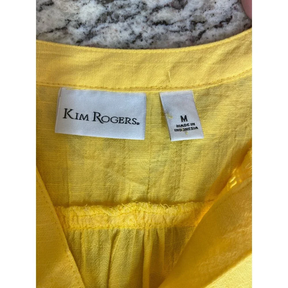 Kim Rogers Womens Blouse Medium Yellow Button-Down Bell Sleeves Lace Trim Retro_3